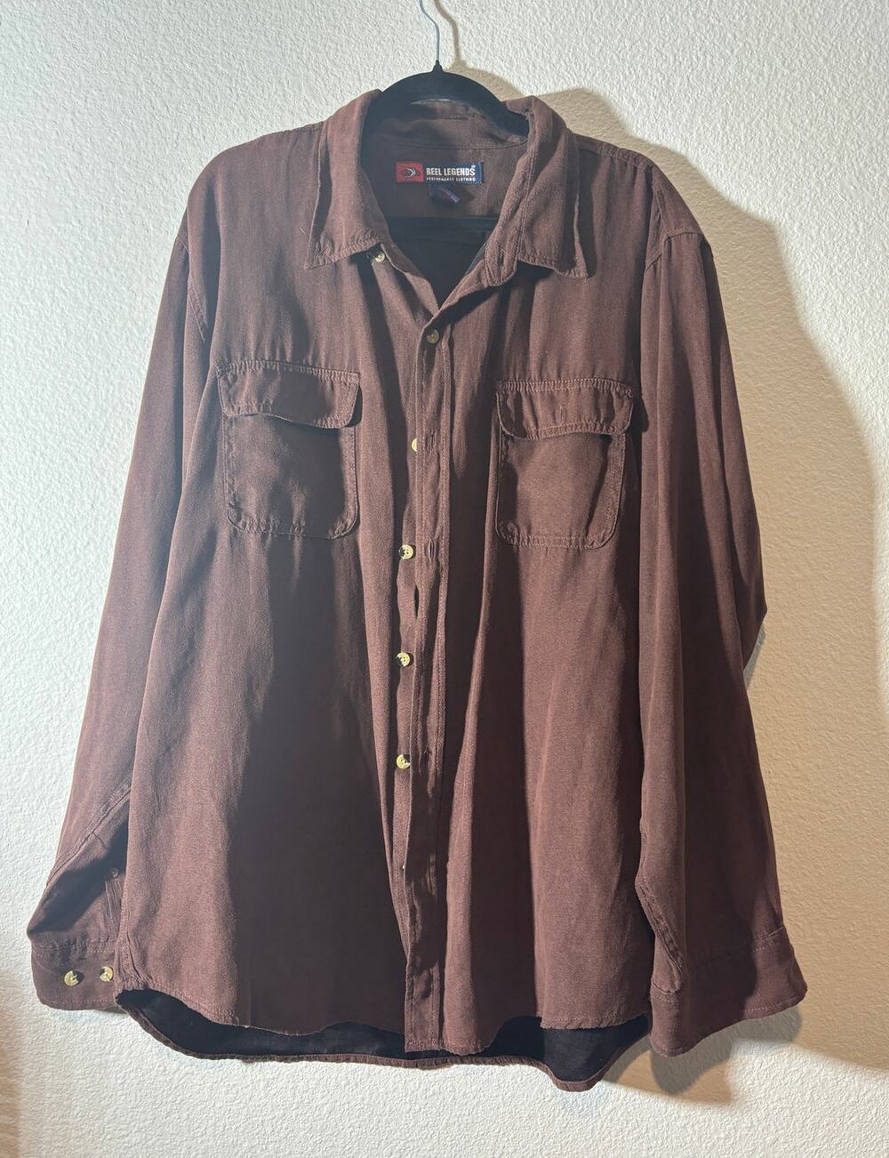 Reel Legends Mens Size XL Chocolate Brown Faux Suede Long Sleeve Button-Up Shirt